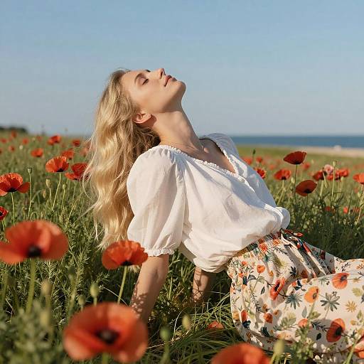 Blonde Woman in Poppy Field Serenity
