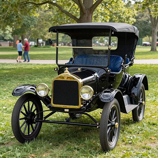 Photograph of a shiny black vintage car with gold accents, parked on grass in a sunny park, with blurred people in background.