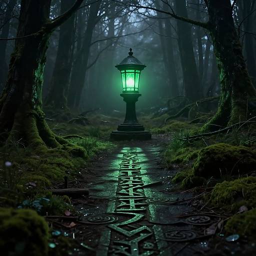 Mysterious, glowing green lantern on a wet, moss-covered path in a dark, foggy forest, with intricate stone patterns reflecting light.