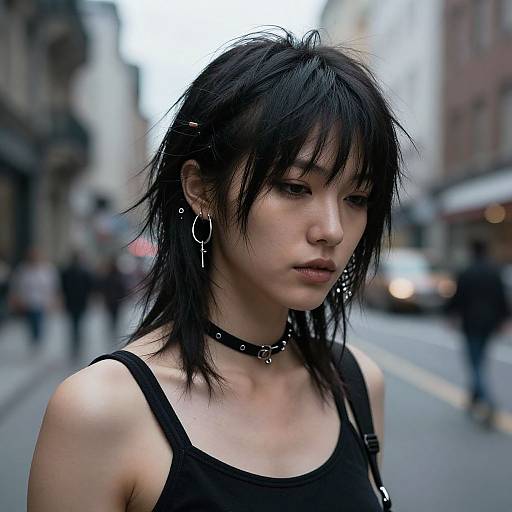 Photograph of an Asian woman with black, messy hair, wearing a black tank top, choker, and hoop earrings, standing on a blurred urban