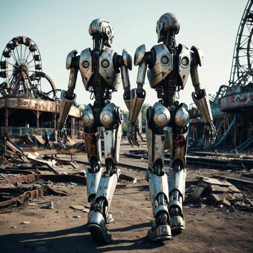 Two Rusted Robots Walking in Abandoned Amusement Park