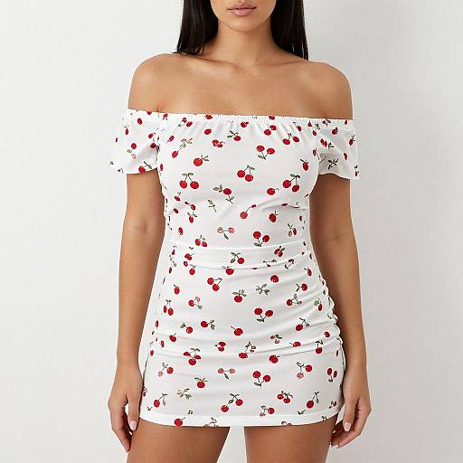 Photograph of a woman with long black hair, wearing an off-shoulder white mini dress with red cherry patterns, standing against a plain white background