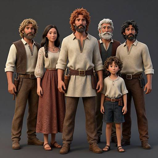 Digital CGI family portrait of six people with rustic, ancient-style clothing and beards, standing against a dark gradient background.