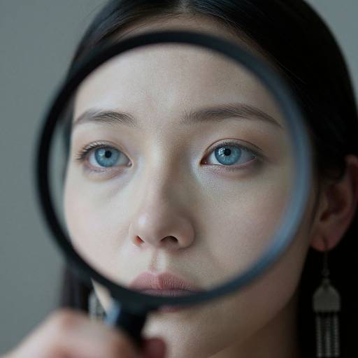 Close-up photograph of a young Asian woman with blue eyes, holding a magnifying glass to her face, revealing detailed features.