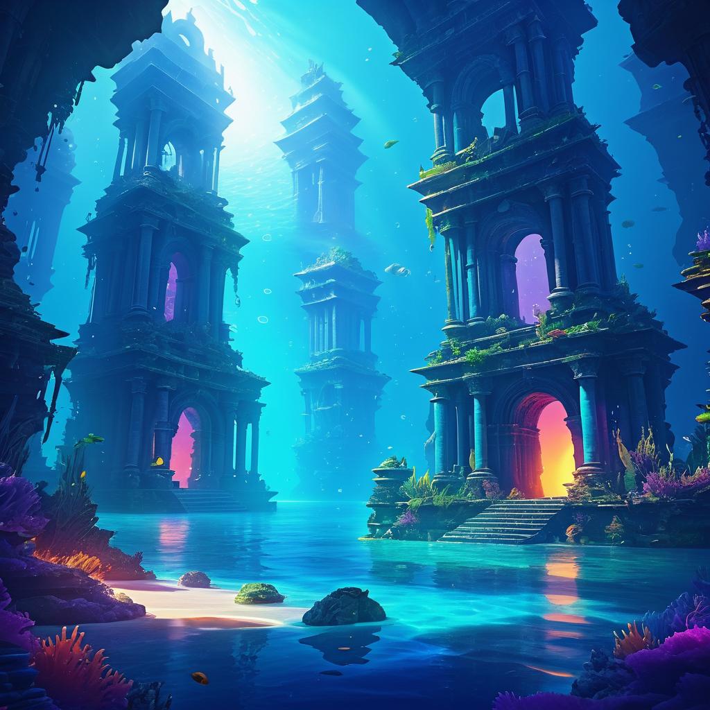 Vibrant Fantasy Deep-Sea Ruins Illustration