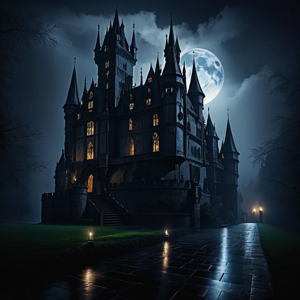 Mysterious Gothic Castle on a Rainy Night