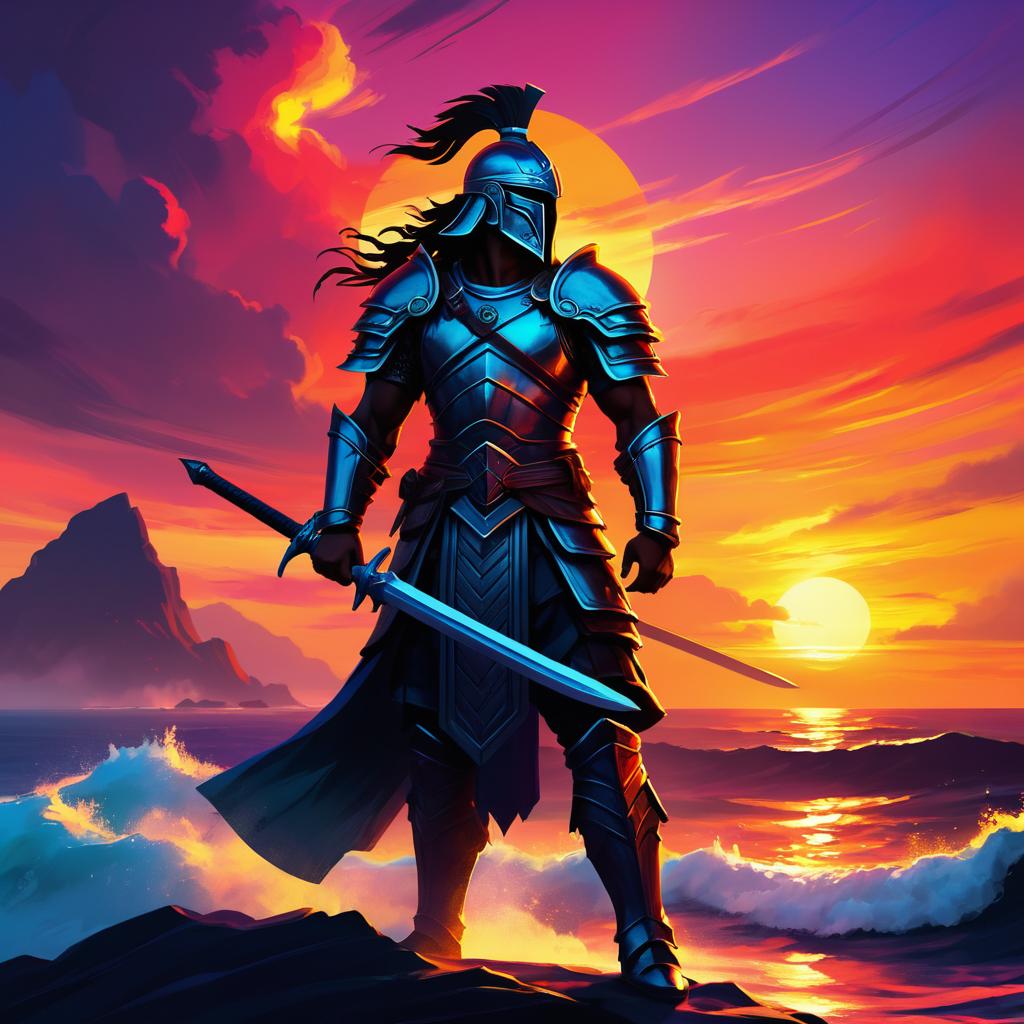 Warrior at Sunset: Digital Art Masterpiece