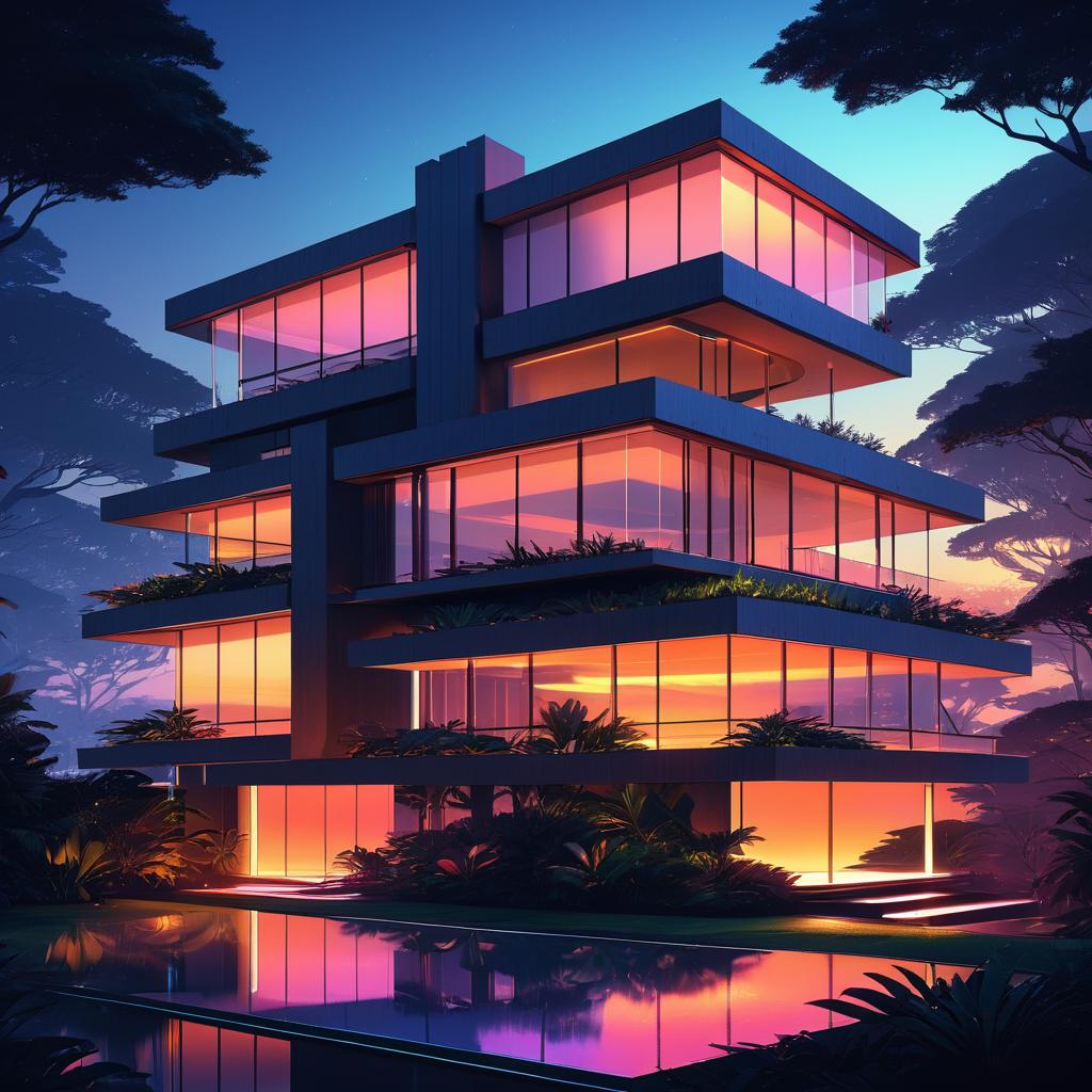 Luxurious Brutalist House at Sunset