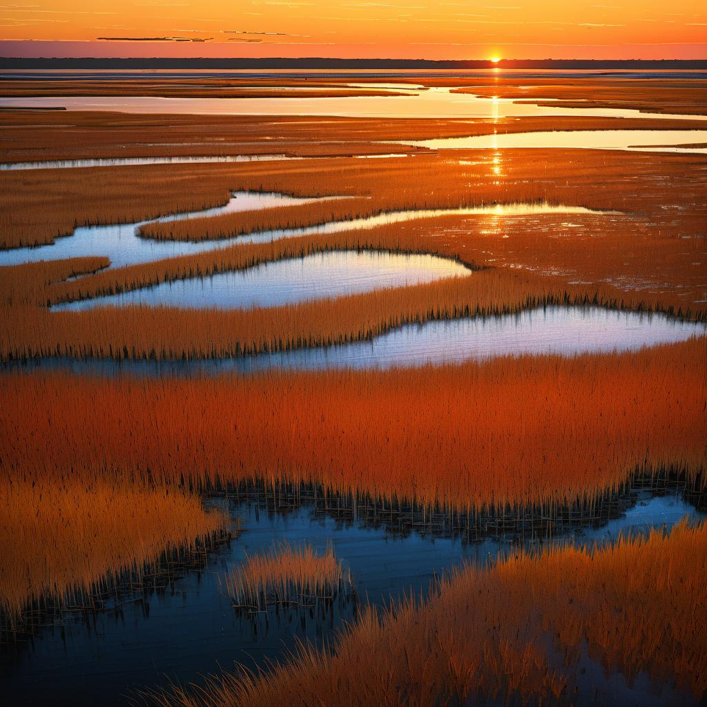 Vibrant Sunset Over Sandy Shores and Bog