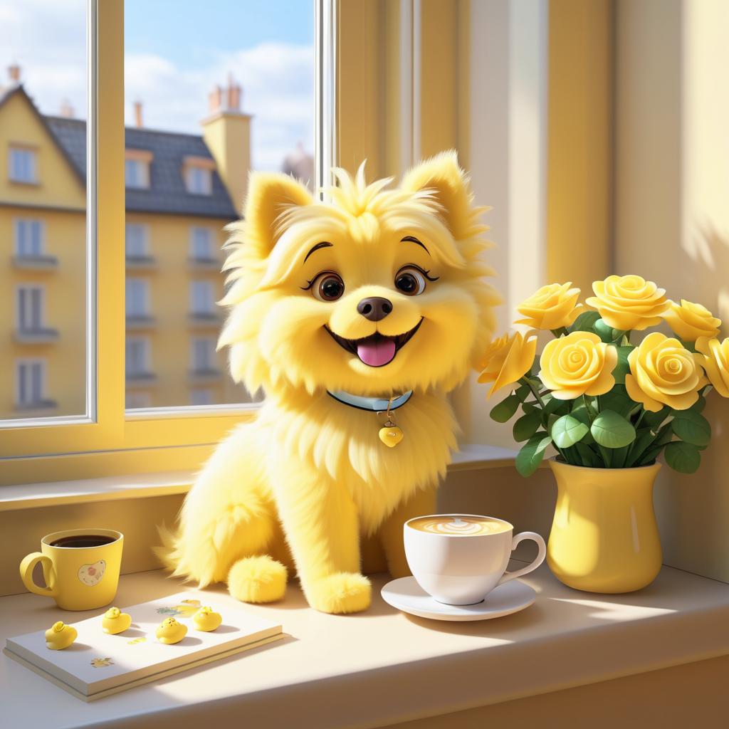 Cozy Cartoon Dog with Espresso and Roses