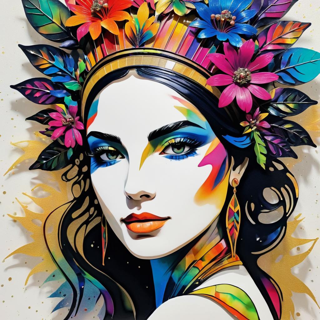 Vibrant Woman with Botanical Headpiece Art