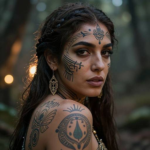 Photograph of a tattooed woman with dark braids, intricate facial and shoulder tattoos, wearing ornate earrings, standing in a forest.