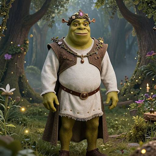 Digital illustration of a green-skinned, smiling ogre in medieval attire, crowned with a jeweled circlet, standing in a magical, enchanted forest