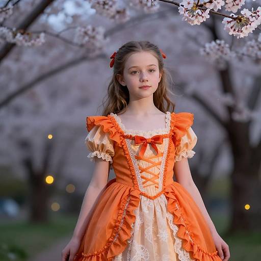 Photograph of a young girl with light brown hair in an orange and white lace dress, standing in front of blooming cherry blossoms at dusk.