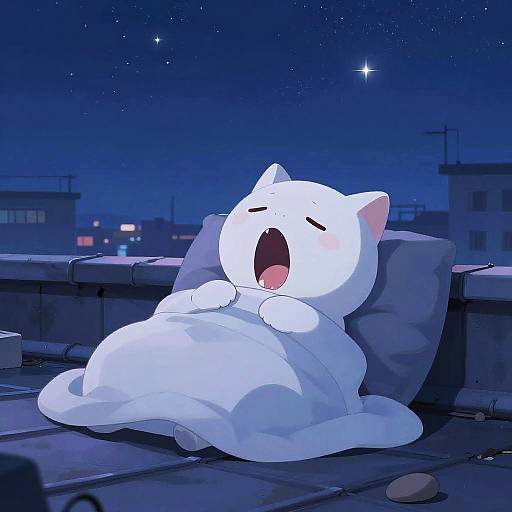 Digital anime-style drawing of a white cat with closed eyes and open mouth, sleeping on a rooftop at night, wrapped in a blanket, with a star