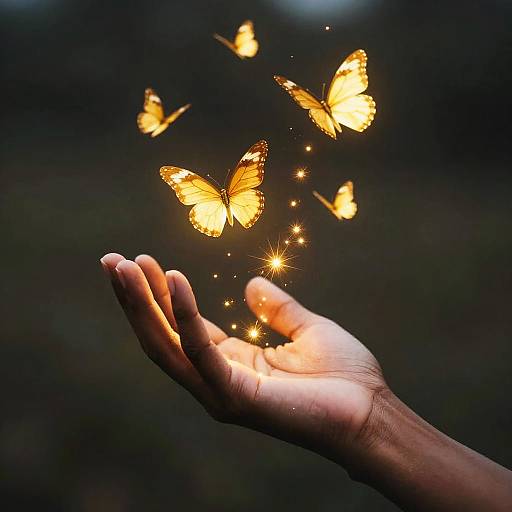 Glowing Butterflies Over Dark Hand
