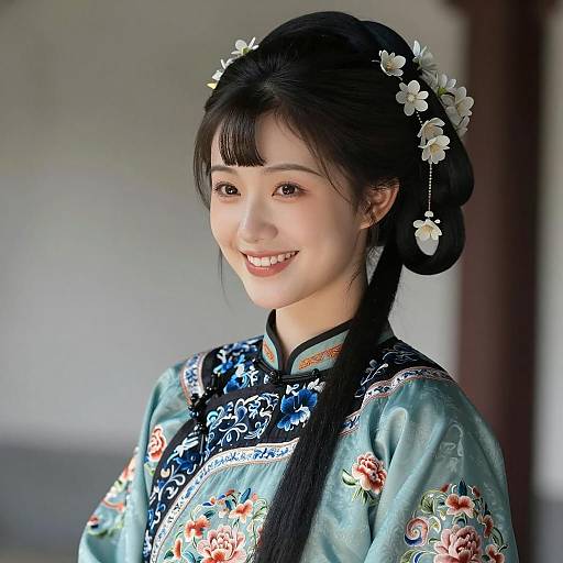 Young Woman in Traditional Teal Silk with Floral Embroidery