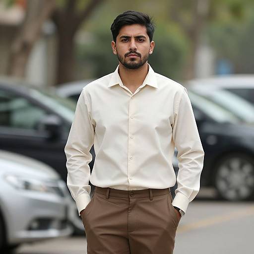 Photograph of a handsome, bearded Indian man with black hair, wearing a white button-up shirt and brown pants, standing on a street with parked