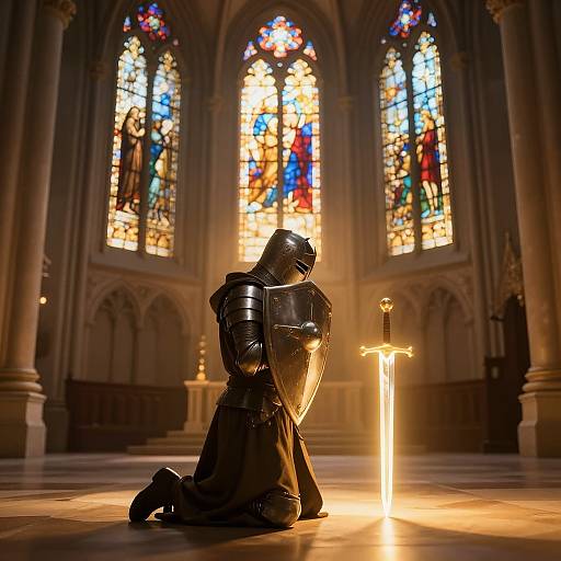Knight Kneeling in Prayer Beside Glowing Sword in Cathedral