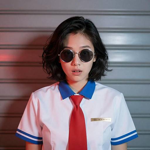Asian Woman in White Uniform with Red Tie and Sunglasses