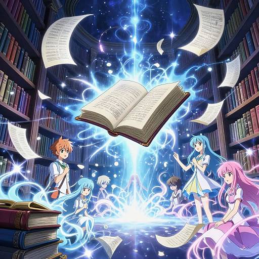 Anime-style digital artwork of six magical characters in a library, surrounded by glowing blue energy, floating books, and an open book.
