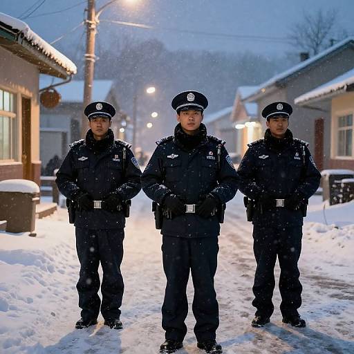 Photograph of three Japanese police officers standing in a snowy, illuminated street at dusk, wearing black uniforms and caps, with snowflakes falling around them