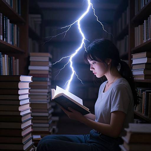 Photograph of a young woman with dark hair in a ponytail, wearing a white t-shirt, reading a book while lightning bolts illuminate her in a