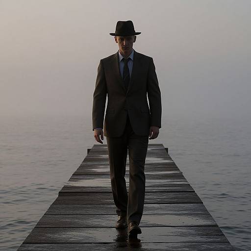 Photograph of a suited man in a black hat walking on a wooden pier into a foggy, calm lake at dawn.