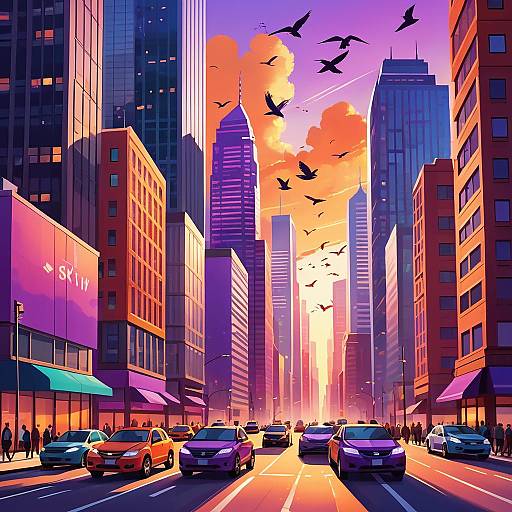 Sunset Cityscape with Vibrant Urban Life