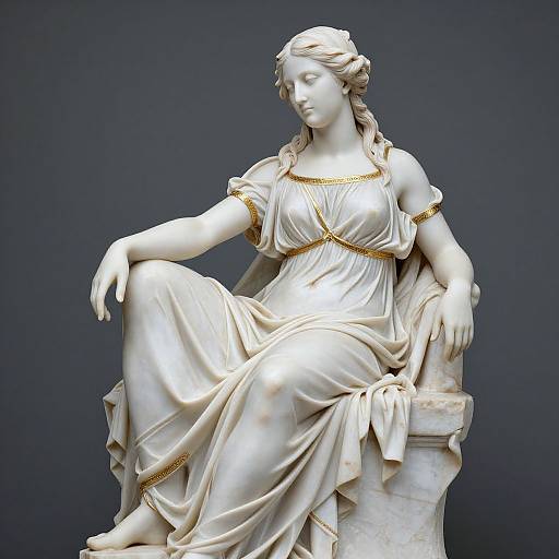 Photograph of a white marble statue of a classical woman in a flowing, draped gown with gold accents, seated on a pedestal against a dark blue background