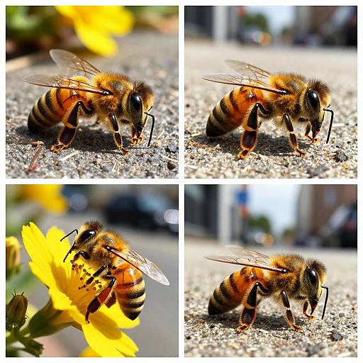 Photograph collage of four close-up shots of a honeybee with detailed focus on its fuzzy body, wings, and striped abdomen, interacting with a bright