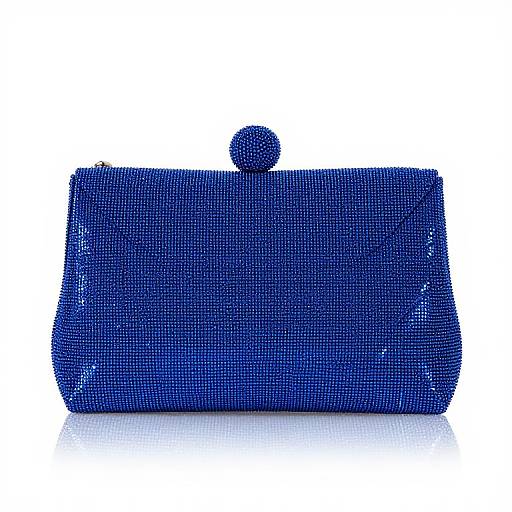 Photograph of a vibrant blue, beaded clutch with a round button on top, set against a plain white background.