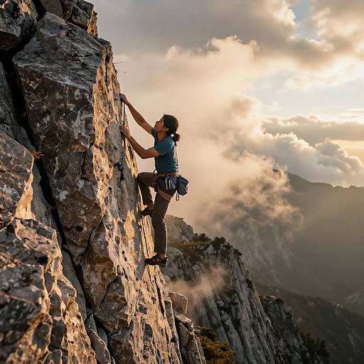 Photograph of a woman rock climbing a sunlit, rugged mountain cliff with dramatic clouds and a bright, setting sun in the background.