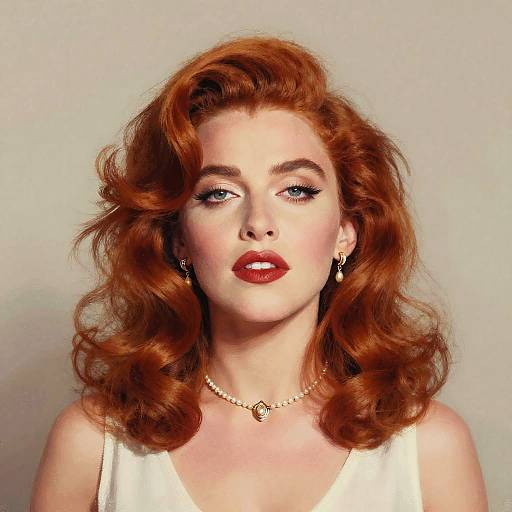 Photograph of a fair-skinned woman with voluminous red curly hair, wearing red lipstick, white dress, gold necklace, and earrings, against a