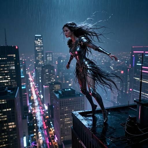Digital art: Cyberpunk-style woman in shiny, metallic armor with long, wet hair stands on a rooftop in the rain, overlooking a neon-lit