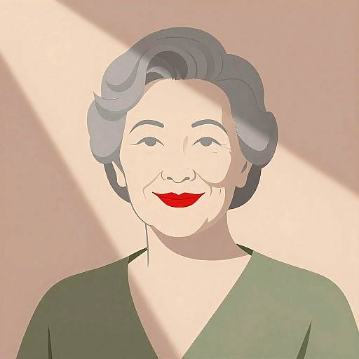 Digital illustration of a smiling elderly woman with short gray hair, red lipstick, and green blouse, illuminated by a diagonal light beam.