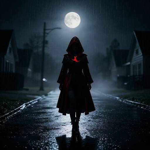 Silhouetted figure in hooded cloak with glowing red symbol, stands on rain-soaked street under full moon, dark, eerie suburban background.