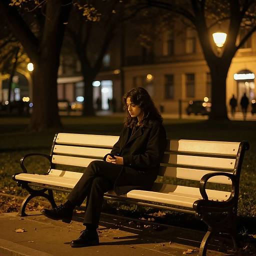 Photograph of a solitary woman with long brown hair, wearing a black coat and boots, sitting on a lit wooden bench at night in a dimly