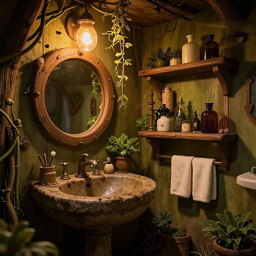 Photograph of a rustic, warm-lit bathroom with a circular wooden mirror, aged stone sink, potted plants, wooden shelves, and hanging light