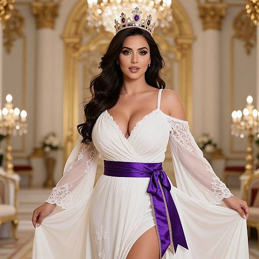 Photograph of a dark-haired woman with a crown, wearing a white lace off-shoulder dress with a purple sash, standing in an op
