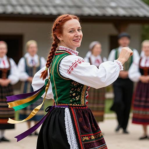 Photograph of a smiling red-haired woman in traditional green and black folk dress with braided hair, colorful ribbons, and white blouse, dancing outdoors