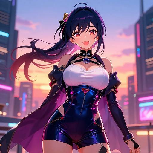 Anime-style digital illustration of a cute, busty woman with long black hair and red eyes, wearing a revealing black and white outfit, standing in a neon