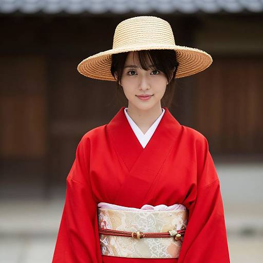 Woman in Red Kimono with Straw Hat