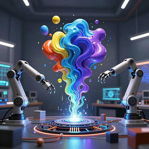 Digital art: Colorful, swirling, liquid-like vortex emerges from sci-fi lab center, flanked by robotic arms with glowing screens and wires.