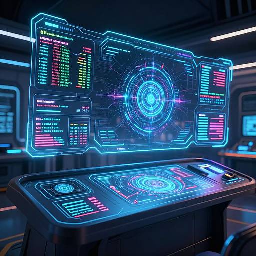Glowing neon-blue holographic control panel with intricate circular interface and colorful data screens, set in a futuristic, dimly lit room.