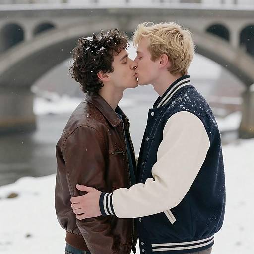 Romantic Winter Kiss Under Bridge
