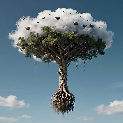 Photorealistic digital art of a tree with a dense cloud canopy, roots hanging, set against a bright blue sky with small birds flying above.