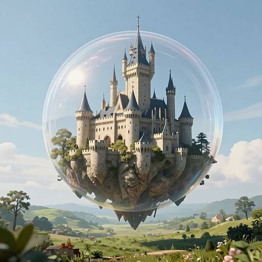 Fantastical digital art: floating, medieval stone castle with multiple towers, encased in a transparent, glowing sphere over lush, green countryside.