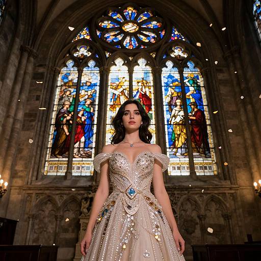 Photograph of a young woman in an elegant, sparkling off-shoulder gown with blue gem, standing before colorful stained glass window in a dimly