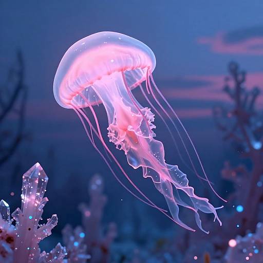 Photograph of a glowing pink and white jellyfish with translucent tentacles, floating in a dark blue ocean at dusk, surrounded by illuminated coral and sea